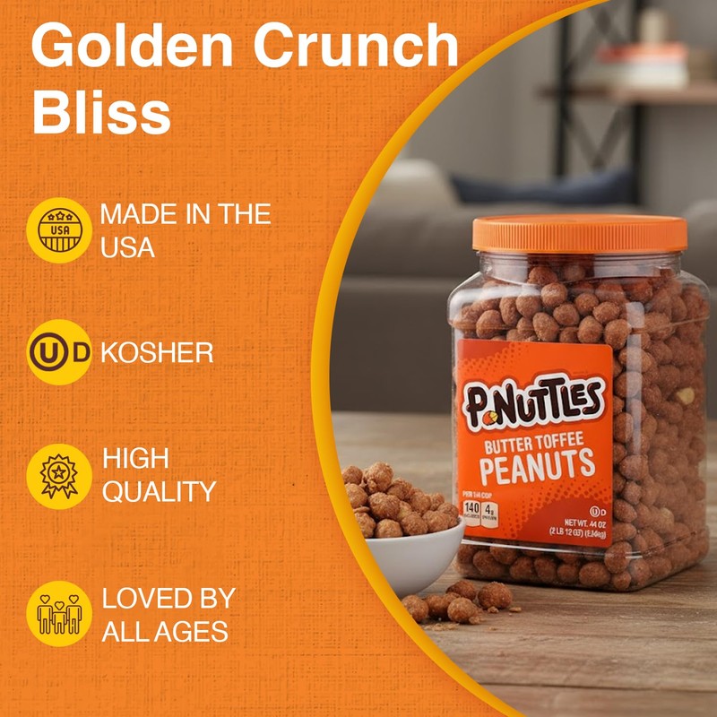 P-Nuttles Butter Toffee Covered Peanuts, 44 Oz Resealable Jar (Pack