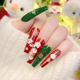 24Pcs Christmas False Nails Cute Snowman PatternDesigns, Red and Green Christmas Press on Nails, Snowmen Fake Nails Acrylic Full Cover Stick on Nails for Nail Art Accessories