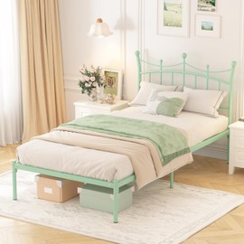 Weehom Twin Bed Frames with Headboard, Heavy Duty Metal Platform Easy Assembly No Box Springs Needed Twin Sized Bed for Kids Adults, Mint Green