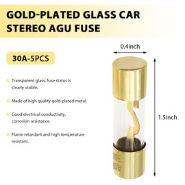 BWBWND 5 PCS 30A Gold Plated Glass Car Audio AGU Fuse, Audio Stereo Sytem Glass Tube Fuse for Safety Power Protection, Inline AGU Fuses for Car Marine Radio Speaker Amplifier
