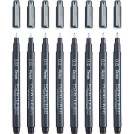 Pentel S20P Pointliner Pigment Liner Technical Drawing Fineliner Pen - 0.03mm, 0.05mm, 0.1mm, 0.2mm, 0.3mm, 0.4mm, 0.5mm, 0.8mm - Black Ink - Pack of 8