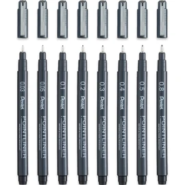 Pentel S20P Pointliner Pigment Liner Technical Drawing Fineliner Pen - 0.03mm, 0.05mm, 0.1mm, 0.2mm, 0.3mm, 0.4mm, 0.5mm, 0.8mm - Black Ink - Pack of 8