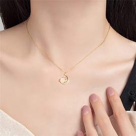 Gold Plated Rabbit Moon Pendant Necklace for Women Girls Cubic Zirconia Artificial Jade Bunny Animal Adjustable Choker Chain Necklaces Delicate Cute Easter Birthday Holiday Jewelry Gift 18 inch (with Crescent)