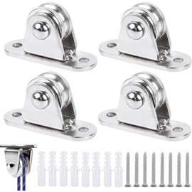 Set of 4 pulleys with ball bearings, stainless steel pulley, standing block pulley with duplex bearings, with 8 screws and 8 plastic sleeves, for sliding gates, awning wire rope, washing line