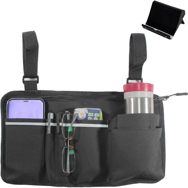 Wheelchair Side Organizer Storage Bag with Cup Holder and Reflective