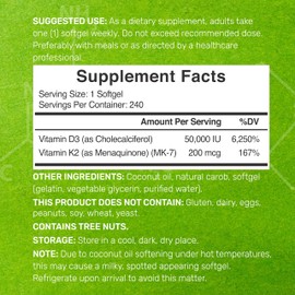 DEAL SUPPLEMENT Vitamin D3 50,000 IU + K2 MK7 200mcg Softgels, 240 Count | 2-in-1 Complex with Virgin Coconut Oil | Supports Heart, Bone, Teeth & Immune Health | Easy to Swallow