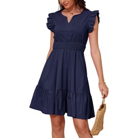 Jayscreate Women's Ruffle Sleeve Layered Dress Pockets Elastic Waist 2025 V Neck Above Knee Summer Casual Cute Dress Navy Blue