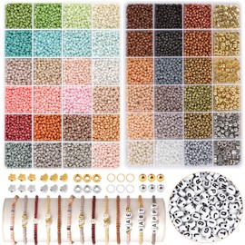ARTREE Beads for Bracelets, 48 Colour Colourful Morandi Glass Beads for Threading, Craft Beads for Threading with Black Letter Beads, Jewellery Making Kit for Rings, Necklaces, Gift