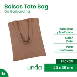 Pack de 5 Bolsas Tote Bag de Gabardina 100% Algodón | Bolsa 100% Reutilizable de Tela | 40x35 cm | Ideal para Compras como Bolsa de Playa y Viaje | Cafe | Ecologicas | UNDA