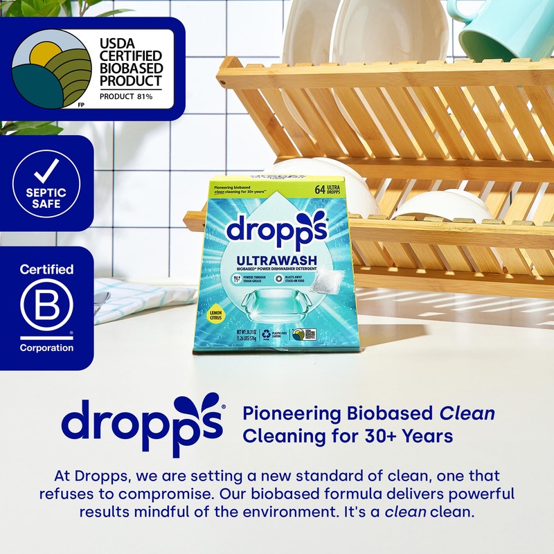 Dropps UltraWash Dishwasher Pods, Fresh Rain (64 Count) - Biobased