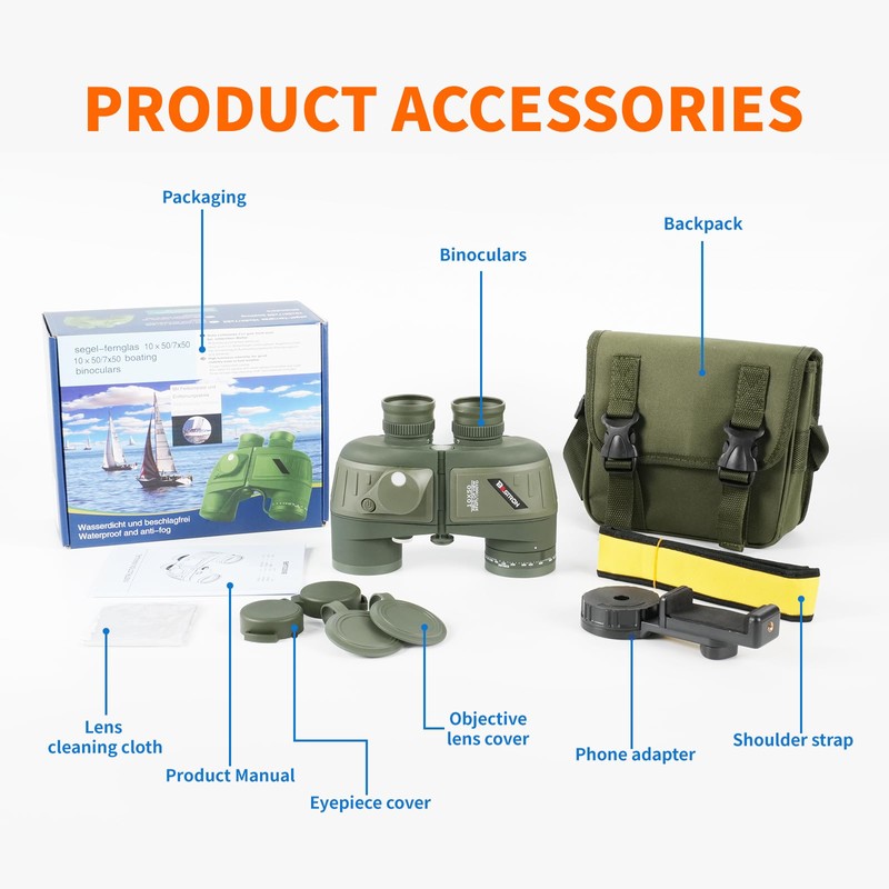 BOSTRON 10X50 Marine Binoculars with Rangefinder Compass, IPX7 Floating Waterproof