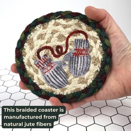 Christmas Drink Coasters, Braided Jute with Mittens Design, Woven Coaster for Mugs and Cups, Holiday Table Décor, 5 Inches (Set of 2)