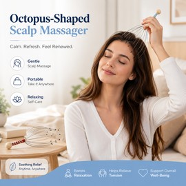 Manual Scalp Massager for Relaxation – Flexible Stainless Steel Prongs with Soft Tips and Wooden Handle