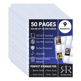 ROTHRATHER 50 Pack 900 Clear Pockets Trading Card Sleeve Pages - Baseball Card Sleeves for 3 Ring Binders - Standard Size Sheet Protectors for Trading, Sports, Game, and Photo Cards