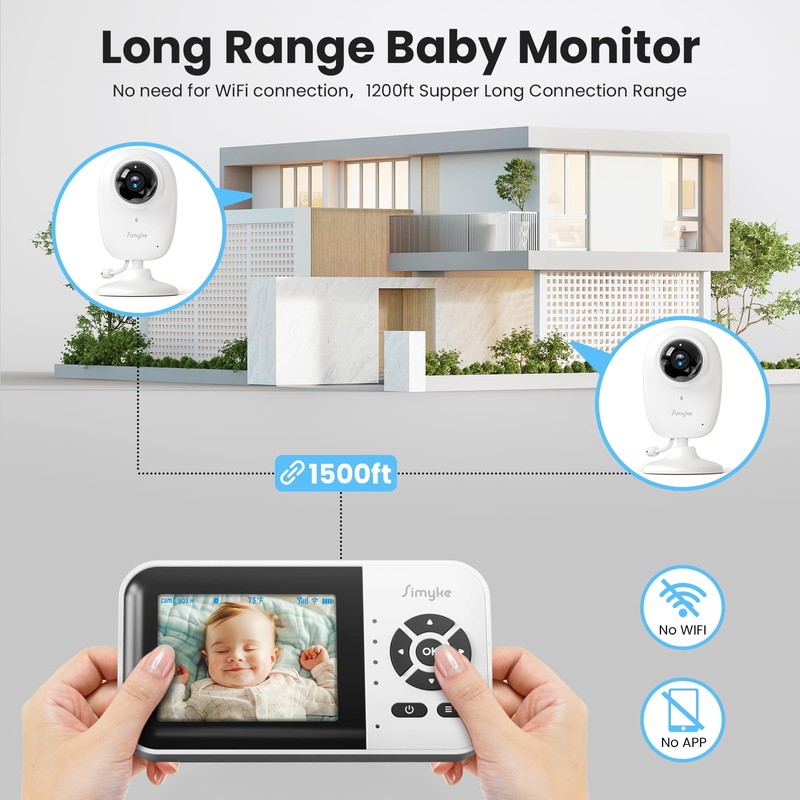 Simyke Smart Baby Monitor with 2 Cameras and Audio,App,Long Range,Night