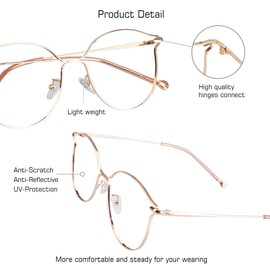 VisionGlobal Blue Light Blocking Glasses for Women, Anti Eyestrain, Computer Reading, TV Glasses, Stylish Oval Frame, Anti Glare (Rose Gold, 1.00 Magnification)