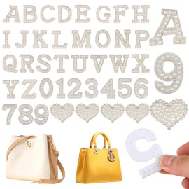40PCS Pearl Rhinestone Patches Alphabet A-Z Glitter Number 0-9 Heart Pearls Repair Patch Sew on Appliques for DIY Clothing Bags Crafts Decor (White)