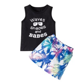 U·nikaka 2Pcs Baby Boys Summer Clothing Sets Cute Letters Print Cotton Sleeveless Tank Tops T-Shirt+Palm Shorts Outfits
