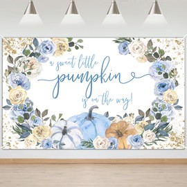 Mocsick Pumpkin Baby Shower Backdrop Blue Floral Boy Fall Baby Shower Background A Little Pumpkin is On The Way Banner Party Decoration Photo Booth Props (6x3.6ft)