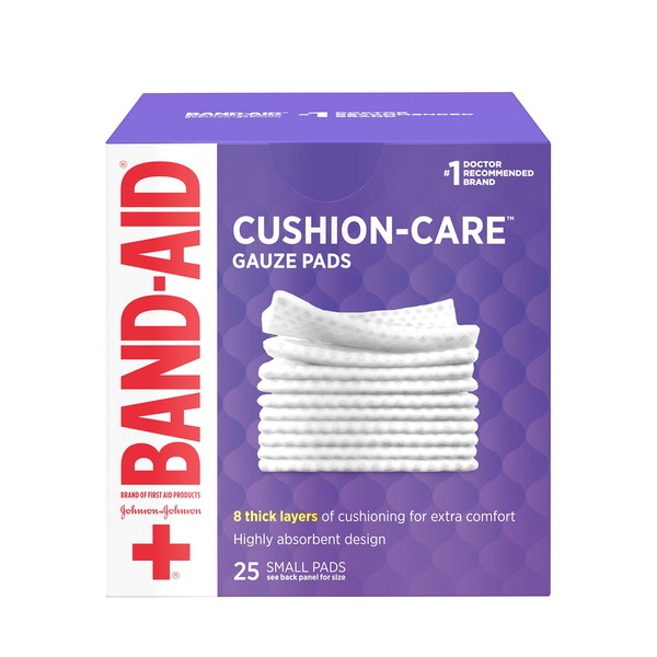 Band-Aid Brand Cushion Care Sterile Gauze Pads for Protection of Minor Cut, Scrapes & Burns, Absorbent & Non-Adhesive First Aid Wound Care Dressing Pads, Small Size, 2 in x 2 in, 25 ct<br>