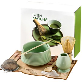 Matcha whisk Set, 8 PCS Ceramic Matcha Kit Matcha Tea Set, Matcha Tea Set with Whisk, Ceramic Bowl, Sifter, Scoop, Holder, Stand, and Tea Towel, Gift for Matcha Lover