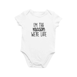 Printique Organic GOTS Certified Baby Onesie Unisex Bodysuit 0-18 months - I'm The Reason We're Late | Funny Sarcastic (3-6 Months, I'm The Reason We're Late)