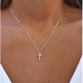 Hothrty Cross Necklace Woman Silver Zirconia Cross Pendant Choker Simple Trendy Tiny Cross Silver Necklace Christian Jewelry for Woman