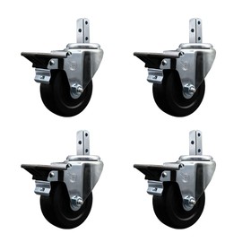 Swivel Square Stem Caster Set 4 w/4” x 1.25” Black Hard Rubber Wheel-7/8” x 2” Square Stem with (3) 17/64” Diameter Mounting Holes-Includes 4 Posi Lck Brakes-1200lbs. Cpty/Caster- Service Caster Brand