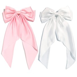 Furling Pompoms Pink Hair Bows for Women,Large White Satin Silky Bow Clips,Hair Ribbon Bows for Girls,Long Tail French Barrette Hair Clamps,2pcs Hair Accessories Party Wedding Charm Decor