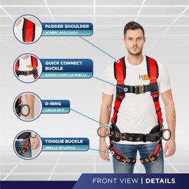 Palmer Safety Fall Protection Full Body 5 point Harness, Padded Back Support, Quick-Connect Buckle, Grommet Legs, Back&Side D-Rings, OSHA ANSI Industrial Roofing Tool Personal Equipment (Red - 2XLG)