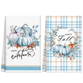 Fall Kitchen Towels, Blue Pumpkin Hand Dish Towels for Kitchen Bathroom with Buffalo Plaid, 17 x 26 Inch, Fall Decorations for Home Farmhouse, Cute Autumn Thanksgiving Seasonal Decor Gifts, Set of 2