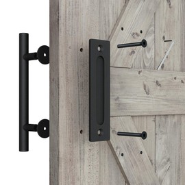 SMARTSTANDARD 12" Heavy Duty Sliding Barn Door Handle, Pull and Flush Hardware Set, Black Powder Coated Finish, Large Rustic Two-Side Design, Round