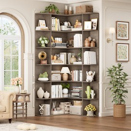 FOTOSOK 74” Tall Corner Bookshelf, 6-Tier Bookshelf and Bookcase with Open Storage, Tall Bookcases Wooden Storage Shelves for Home Office, Thickened Boards for Better Load Bearing, Vintage Grey