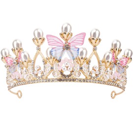 Crystal Butterfly Princess Crown Pearl Headband Girls Tiaras Handmade Rhinestone Headwear Birthday Wedding Model Catwalk Tiara