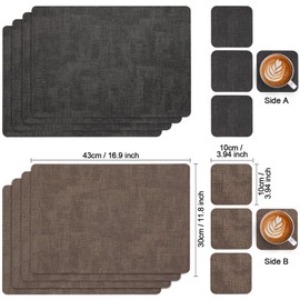 Myir JUN Placemats and Coasters Set of 4, Place Mats Dual Sided Faux Leather Table Mats PU Indoor Outdoor Heat Resistant Placemat Square Non Slip Wipeable Washable Dining Restaurant