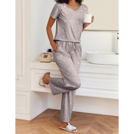Ekouaer 2 Piece Womens Pajamas Short Sleeve Top and Long Pants Pjs Set Printed Sleepwear with Pocket Grey Stars X-Large