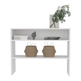 ROCKRAIN Library Desk 31.5" H with 2 Shelves - Modern White Wooden Study Table for Small Spaces & Home Office Use - Compact Storage Solution for Books & Workspace Organization