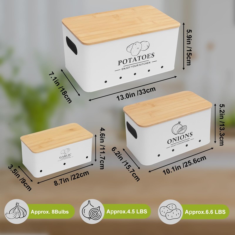 Dekosilave Kitchen Vegetable Storage Set of 3, Metal Onion Garlic