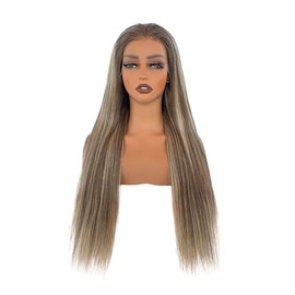 Munx 13x6 Highlight Human Hair Glueless Wigs 16 Inch Balayage Dark Roots Brown Lace Front Wigs with Baby Hair Pre plucked HD Transparent Platinum Blonde Color Full Ends 180% Density Lace Frontal Wigs