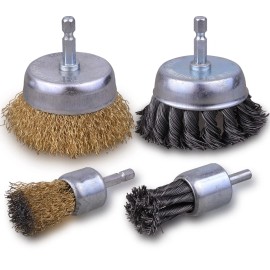 Shitime 3" Knotted Wire Cup Brush Set 4PCS with 1/4" Hex Shank for Drill Rust & Paint Re