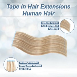 Tape in Hair Extensions Human Hair 100% Remy Hair 20pcs 50g/Pack Straight Seamless Invisible Skin Weft Extensions Easy to Apply and Style (Honey Blonde to Bleach Blonde,14 Inch)