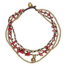 81stgeneration Women's Brass Gold Tone Simulated Red Coral Bell Bead Ankle Anklet Bracelet, 25 cm
