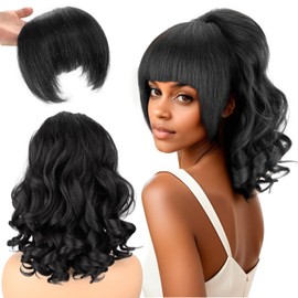 UAmy Hair Long Natural Black Drawstring Ponytail Extension for Women 18inch Loose Curly Ends Yaki Straight Drawstring Ponytail with Bangs Synthetic Kinky Straight Pony Tail Hairpieces for Daily Use