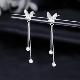 Butterfly Pendant Tassel Earrings for Women Butterfly Long Drop Dangle Earrings Butterfly Drop Studs Earrings Tassel Chain (Silver, One size)