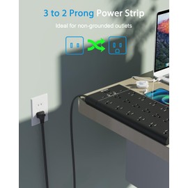 2 Prong Power Strip, WRXDMC 2 Prong to 3 Prong Outlet Adapter, 3600 Joules Surge Protector, 6 Feet Flat Plug Heavy Duty Extension Cord with 19 Widely Outlets, 4 USB Ports, 1875W, Black