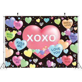 Valentine’s Day Backdrop Sweethearts Candy Conversation Hearts Party Decorations Banner Black Love Hearts Valentines Day Photography Background for Home Party Banner
