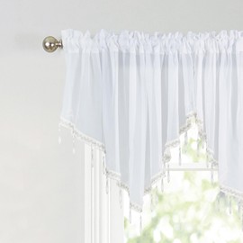 Sheer Valance Curtains for Kitchen, Living Room, Small Windows, Bedroom Window Beaded Sheer Valance Curtains with Tassel, Set of 1 Panel, Light Filtering - 51x24 in