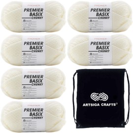 Premier Yarns Basix Chunky Cream 1145-02 (6-Skeins - Same Dye Lot) Chunky Bulky #5 Acrylic Yarn for Crocheting and Knitting - Bundle with 1 Artsiga Crafts Project Bag