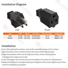Muelnmey 5 Set Extension Cord Ends Electrical Replacement Plug and Connector NEMA 5-15R 15A 125V Black Shell 2 Pole 3 Wire Grounding Electric Replacement Plug