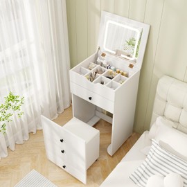CHARMAID Small Vanity Desk Set, Makeup Vanity Table with Flip-up Lighted Mirror, Storage Bench, 2 Drawers, 8 Wheels, White Girls Dressing Table Nightstand for Small Space Bedroom